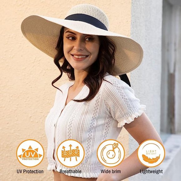 Women’s Straw Sun Hat Floppy Wide Brim Foldable UV Protection Mix Beige S/M-L/XL - Picture 5 of 6